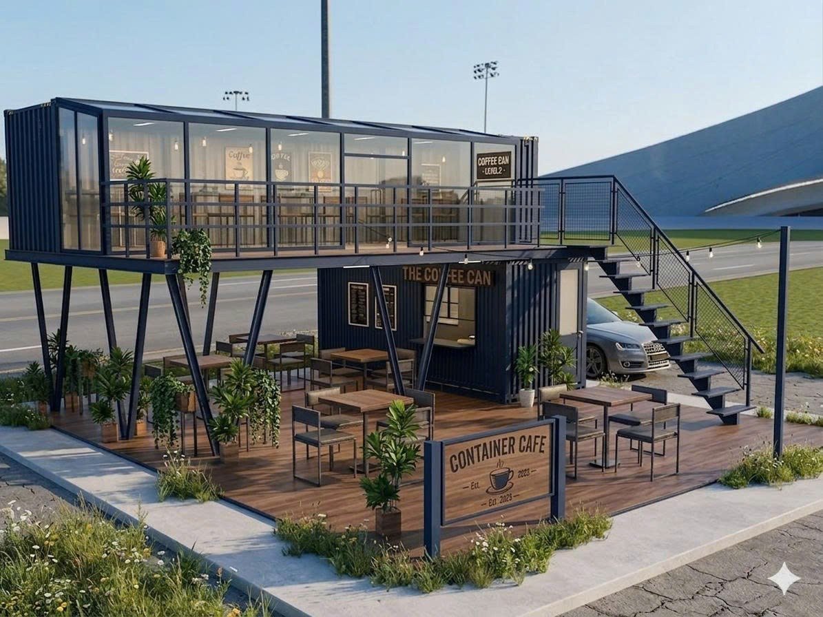 Container Cafe Ghép 2 Tầng Chữ L 20 Feet x 40 Feet Xanh Dương