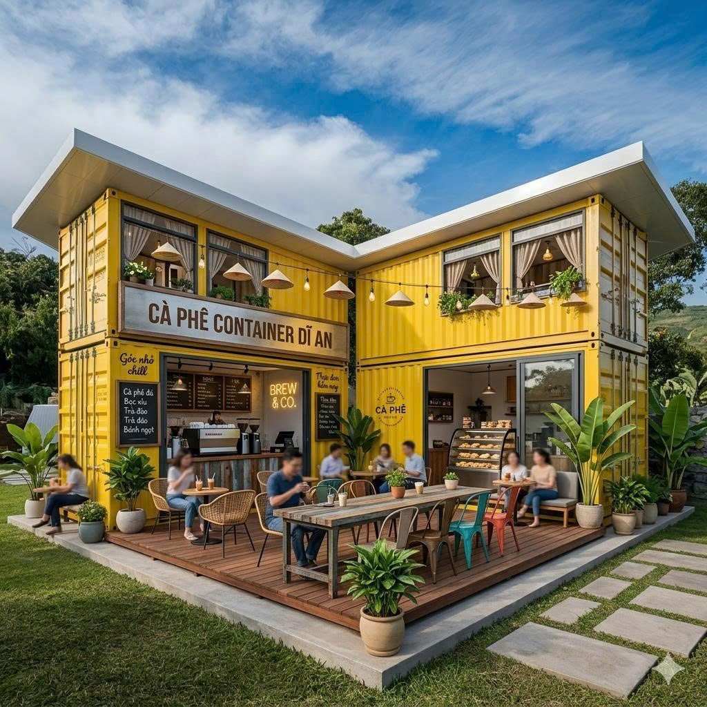 Container Cafe Ghép 2 Tầng Chữ L 4 x 20 Feet Vàng