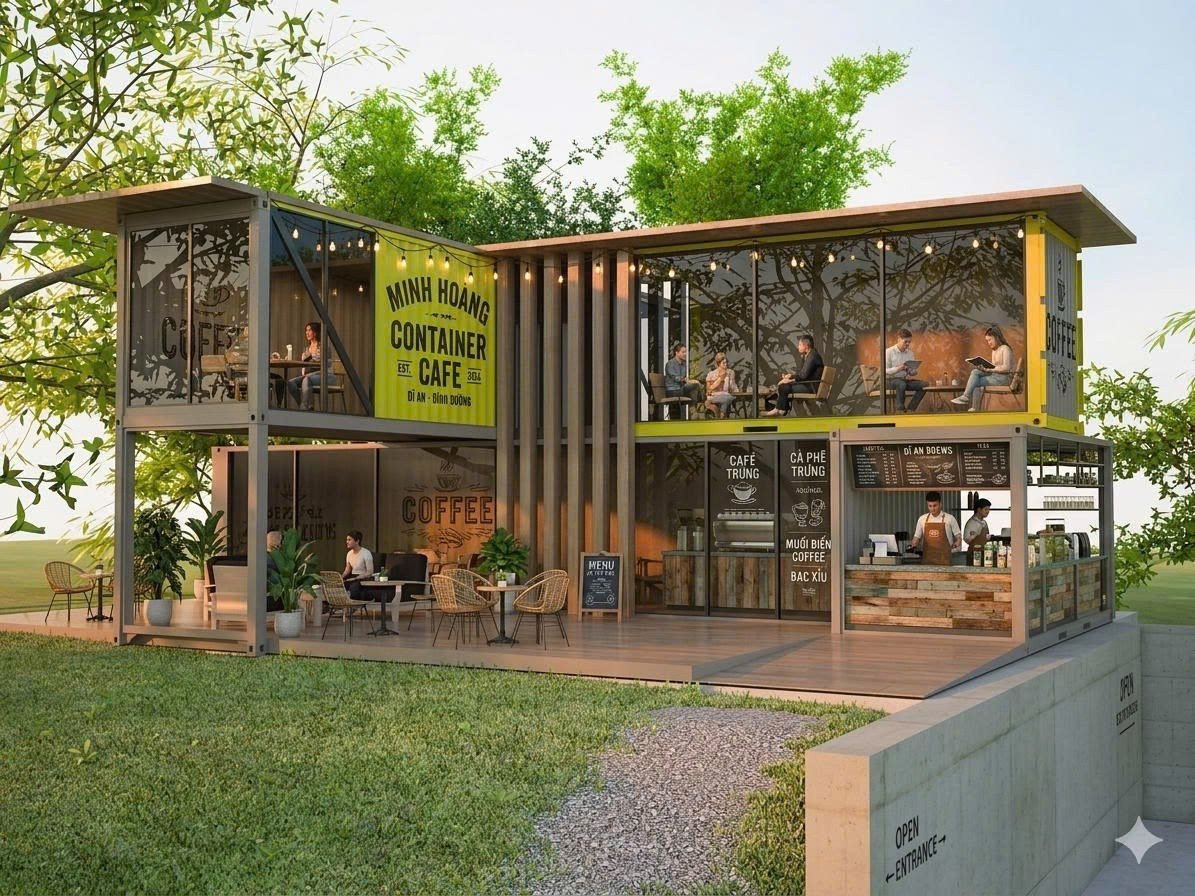 Container Cafe Ghép 2 Tầng Chữ L Xám Khung Kính Tạo Không Gian Mở