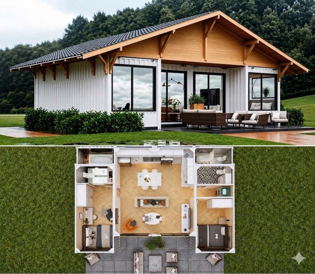 Container nhà ở ghép 4x20 feet có toilet kèm mái che